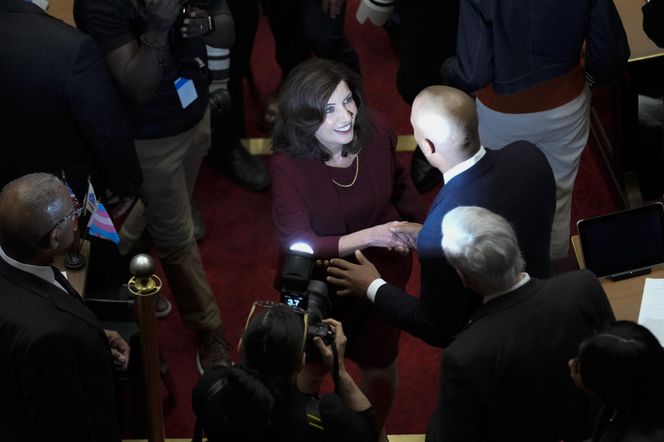 New York Governor Kathy Hochul greets people after she delivered her State of the State address in Albany, N.Y., Tuesday, Jan. 9, 2024. The Democrat outlined her agenda for the ongoing legislative session, focusing on crime, housing and education policies. (AP Photo/Seth Wenig)