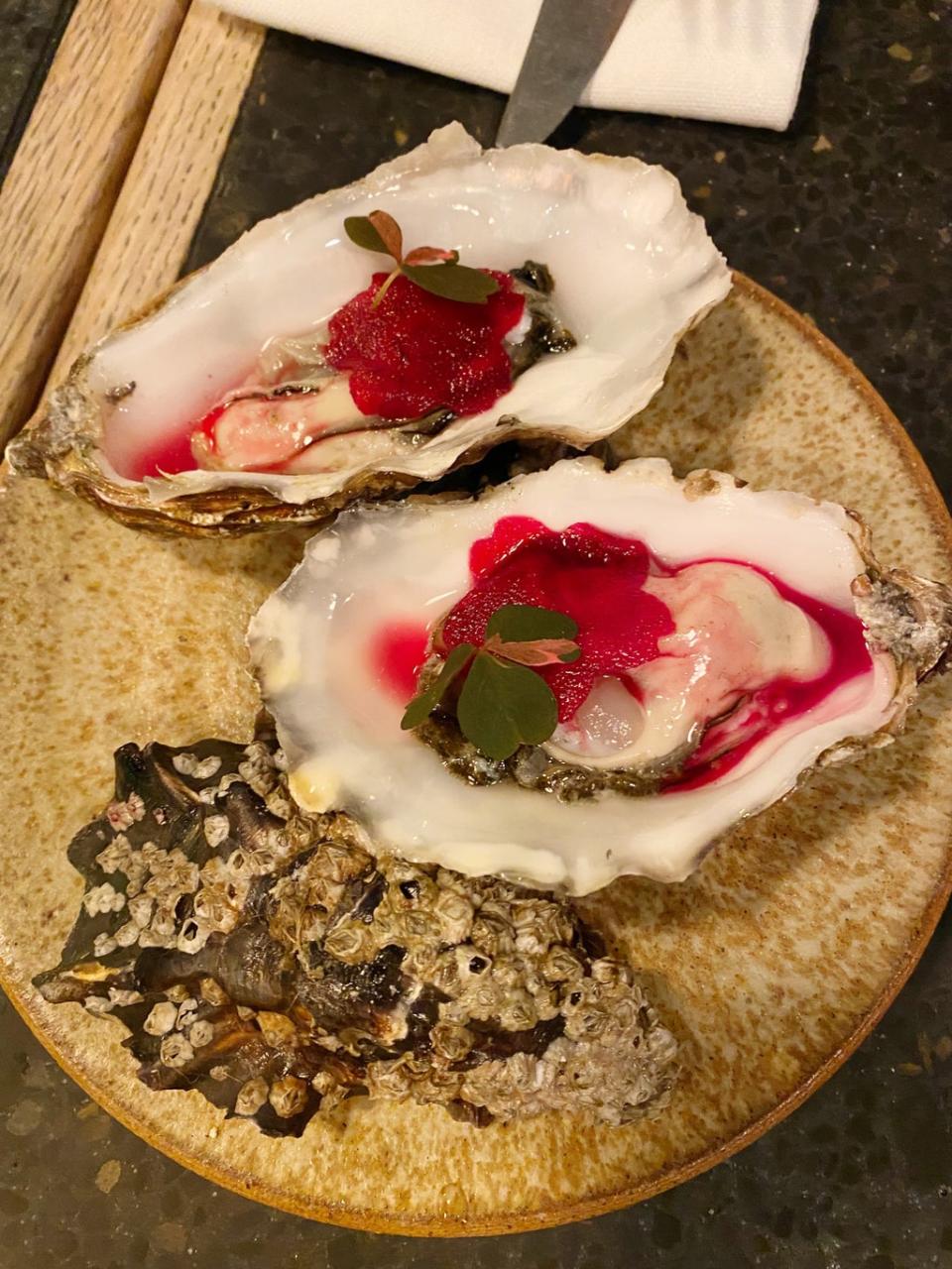 Carlingford oysters with a beetroot reduction and sorrel (Molly Codyre)