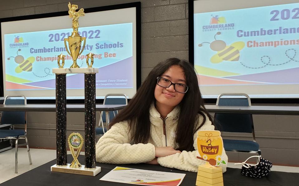 Sophia Tun won the Cumberland County Level III Spelling Bee, held at the Educational Resource Center on Elementary Drive in Fayetteville, on Friday, Feb. 11, 2022. She will go on to compete against more than 200 regional winners in the Scripps National Spelling Bee, scheduled for June 1-2 in Washington, D.C. The event will be televised on the ION network. Sophia won the 2020 county bee as well, but the national event was canceled due to the coronavirus pandemic.