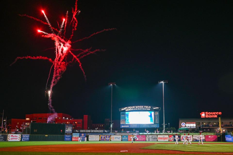 Fireworks explode over Four Winds Field after the South Bend Cubs defeated the Cedar Rapids Kernels 2-1 Tuesday, Sept. 13, 2022, at Four Winds Field.