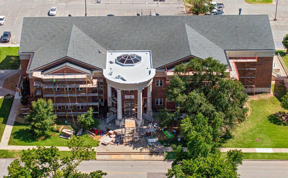 This photo captured by drone in August shows exterior renovations continuing on the Bailey Business Center building, which was damaged in April when a tornado hit Oklahoma Baptist University in Shawnee.