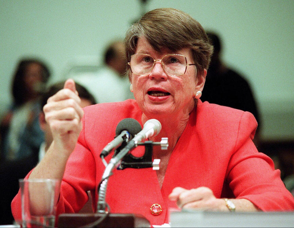 <p>Janet Reno became the first female U.S. attorney general when President Bill Clinton appointed her in 1993. She died at age 78 on November 7. — (Pictured) Attorney General Janet Reno testifies before the house panel investigating the 1993 standoff between federal agents and members of the Branch Davidian cult in Waco, Texas. Reno said the decision to use tear gas to end the standoff was not a decision of the White House, but a decision made in the law enforcement arena. (Harry Hamburg/NY Daily News Archive via Getty Images) </p>