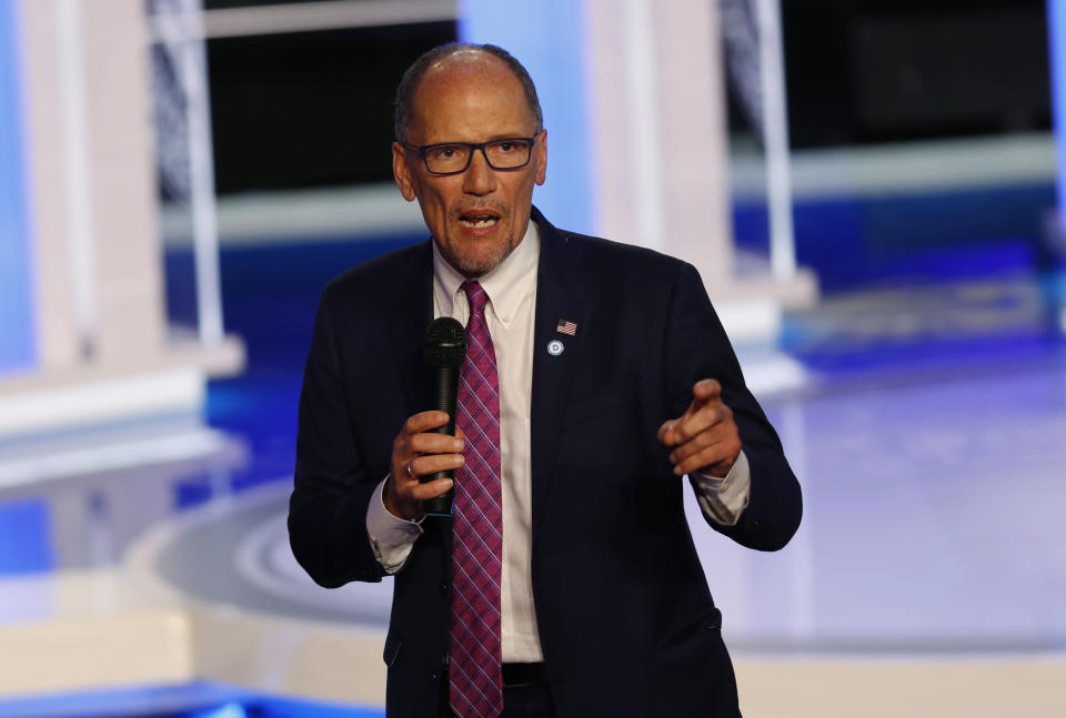 DNC Chair Tom Perez speaks before the start of a Democratic primary debate hosted by NBC News at the Adrienne Arsht Center for the Performing Arts, Thursday, June 27, 2019, in Miami. (AP Photo/Wilfredo Lee)