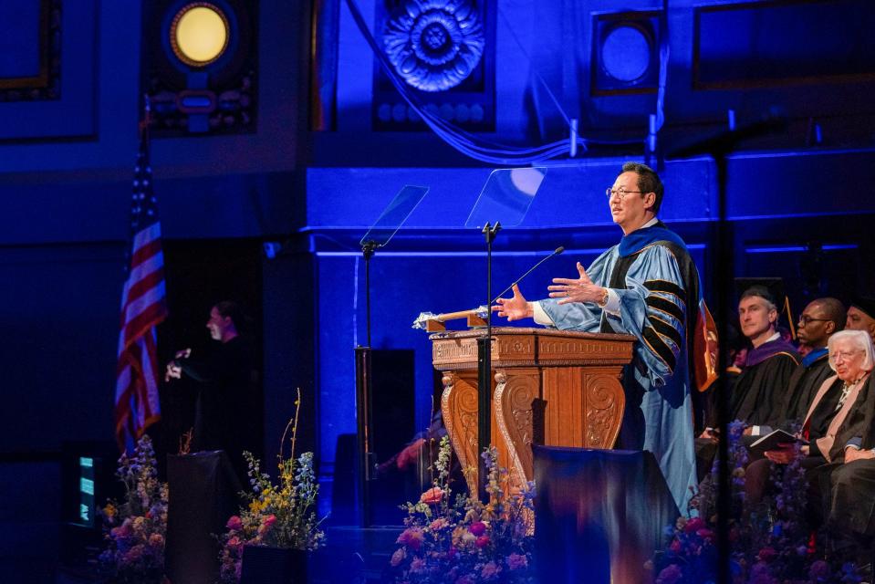 Santa J. Ono delivers his first president’s address during the official inauguration ceremony as University of Michigan’s 15th president at Hill Auditorium in Ann Arbor on Tuesday, March 7, 2023.