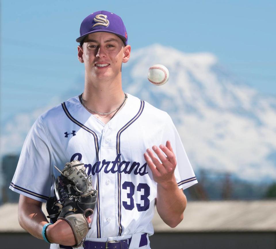 Sumner senior pitcher Jake Bresnahan is The News Tribune’s 2023 All-Area Baseball Player of the Year. The University of Oregon commit is shown at Sumner High School in Sumner, Washington, on Monday, June 5, 2023.