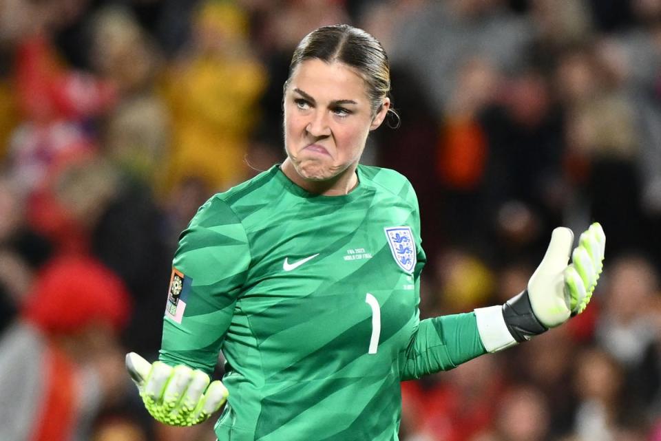 Earps is a key player for England - and hit headlines for her reaction when she saved a penalty in the World Cup final (AP)