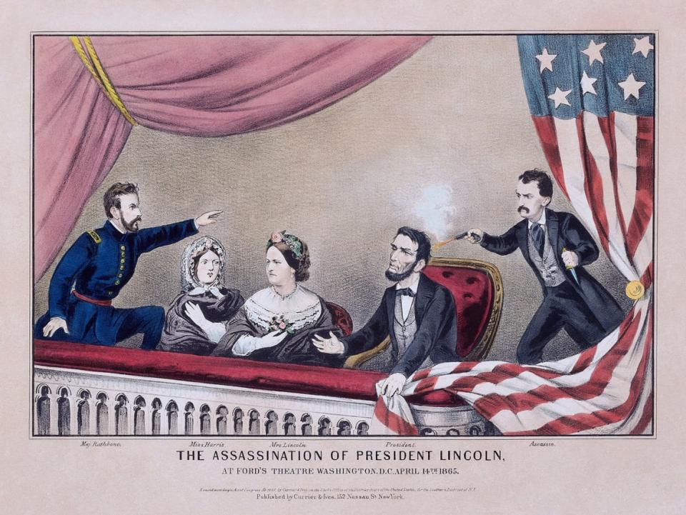 A lithograph of the assassination of Lincoln by John Wilkes Booth