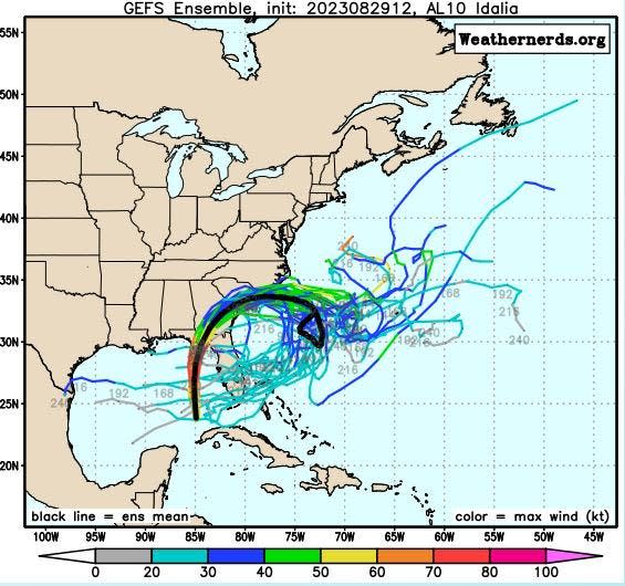 The GFS, or American, track model for Hurricane Idalia which shows it making a loop after it reaches the Atlantic Ocean. Courtesy WeatherNerds