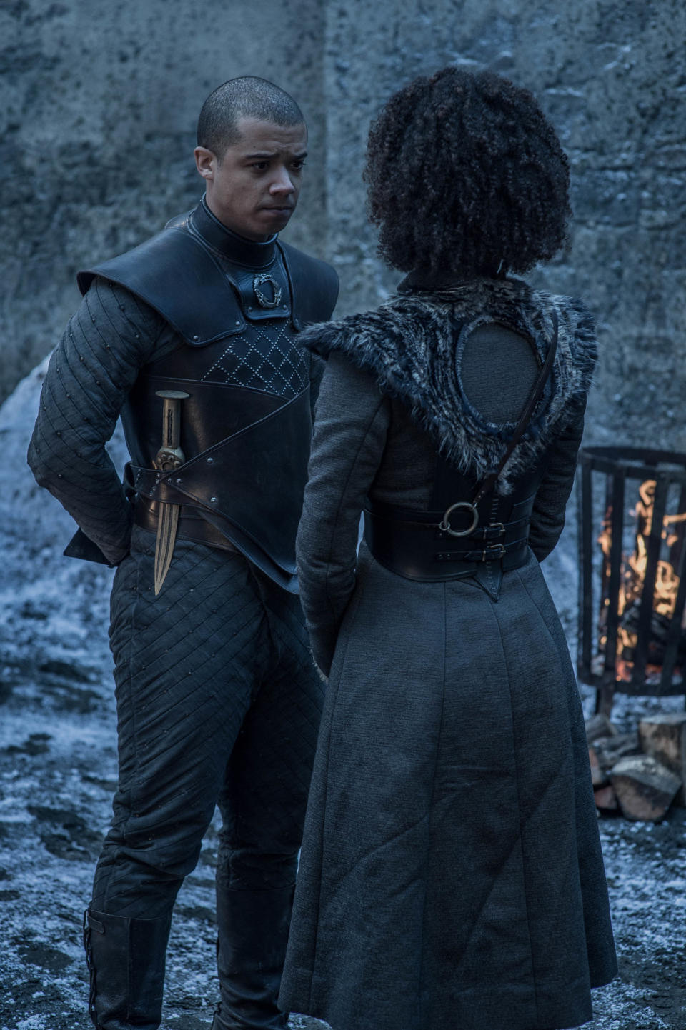 Jacob Anderson as Grey Worm and Nathalie Emmanuel as Missandei in <i>Game of Thrones</i>. (Photo: Helen Sloan/HBO)