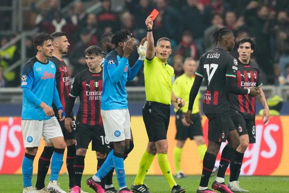 Marching orders: Anguissa was sent off for two bookings in quick succession (AP)