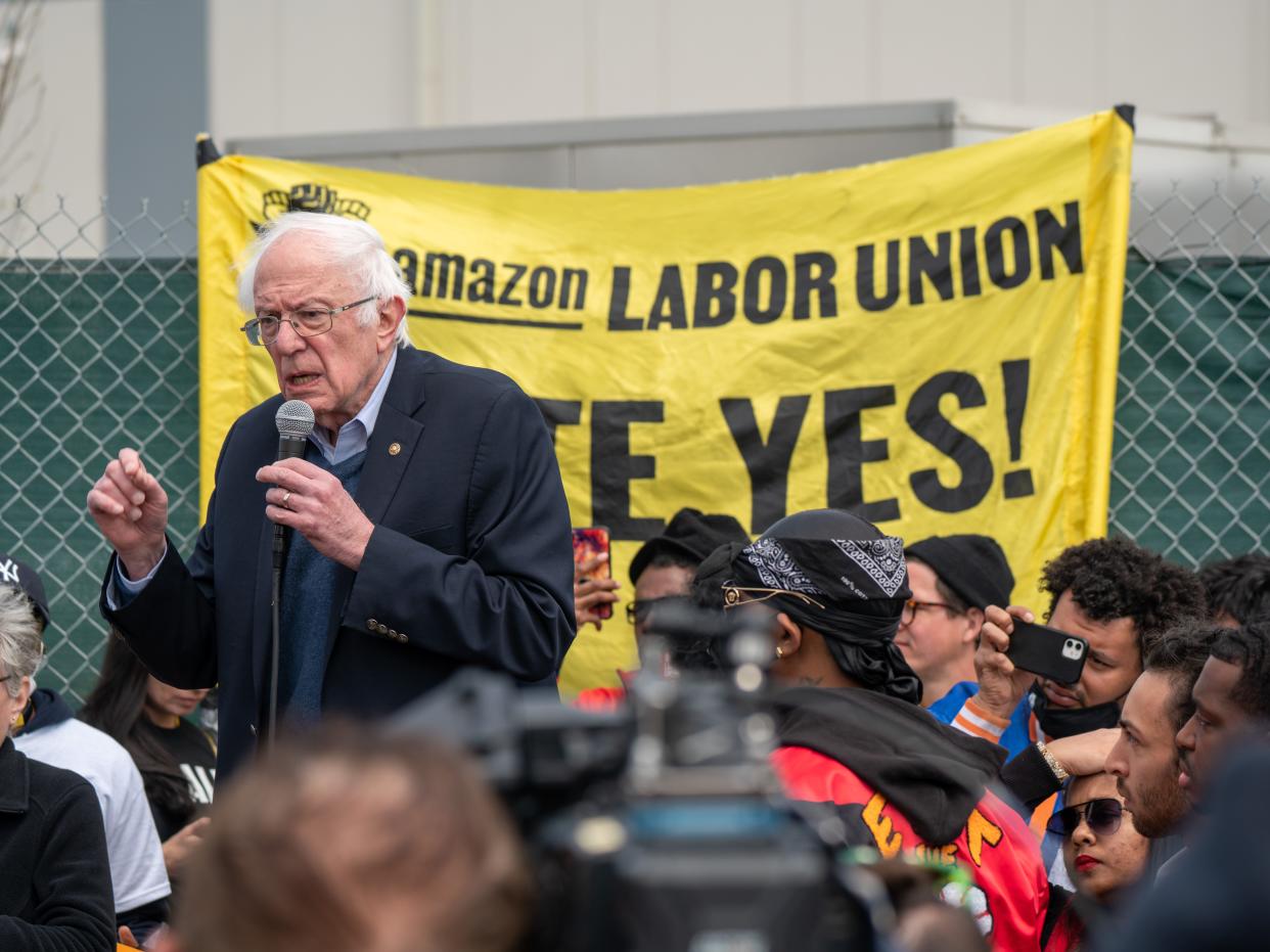 Bernie Sanders speaks at an Amazon Labor Union rally
