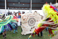 <p>People perform during Pope Francis' meeting with First Nations, Metis and Inuit indigenous communities in Maskwacis, Alberta, Canada July 25, 2022. REUTERS/Amber Bracken</p> 