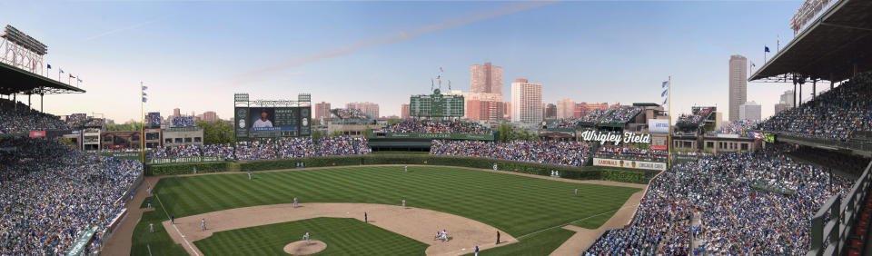 FILE - This file photo shows an artist's rendering provided by the Chicago Cubs showing planned renovations at Wrigley Field. Wrigley Field has been the site of so much heartbreak that some fans who spend their whole lives waiting for a winner ask their families, if they can pull it off, to sneak their ashes inside to be scattered in the friendly confines, a final resting place to keep on waiting. But before years turned into decades and decades turned into a century without a World Series title, Wrigley Field was in first time and time again in changing the way we watch baseball and the experience for fans in ballparks around the country. Today, the Cubs are trying to play catch up with a project as dramatic as the one that resulted in a new scoreboard and brick outfield wall: a $500 million project that includes the kind of massive Jumbotron that towers over every other major league stadium. The historic ballpark will celebrate it's 100th anniversary on April 23, 2014. (AP Photo/Courtesy of the Chicago Cubs, File)