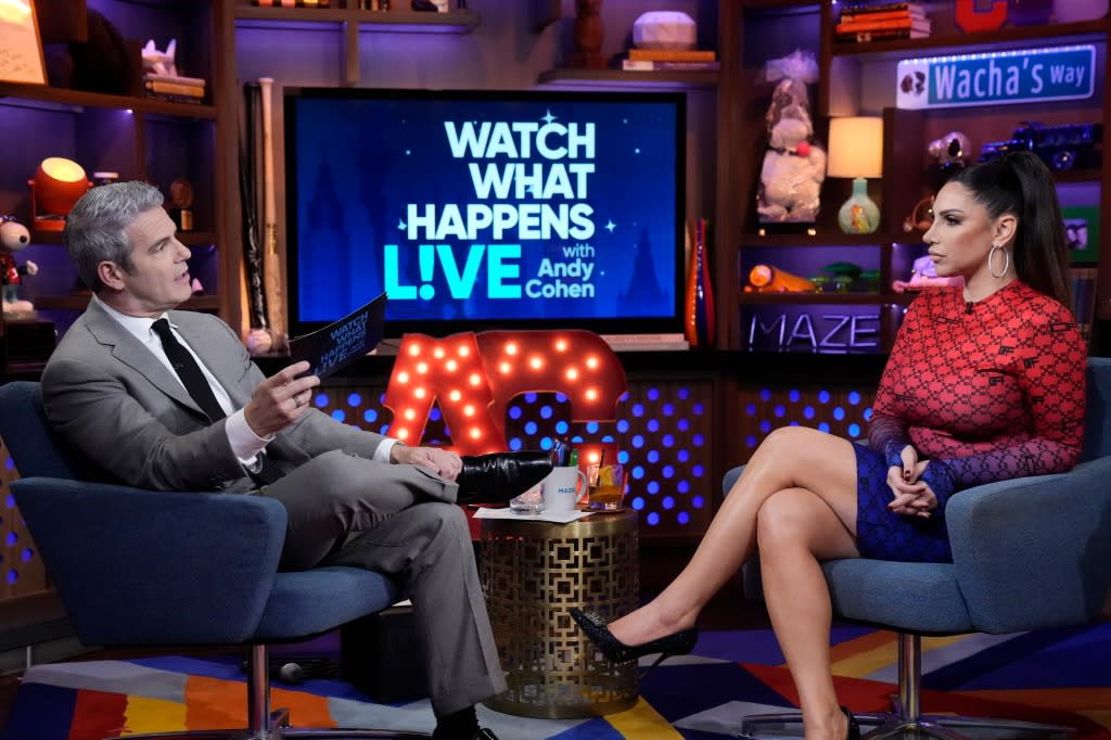 WATCH WHAT HAPPENS LIVE WITH ANDY COHEN -- Episode 20040 -- Pictured: (l-r) Andy Cohen, Jennifer Aydin -- (Photo by: Charles Sykes/Bravo via Getty Images)