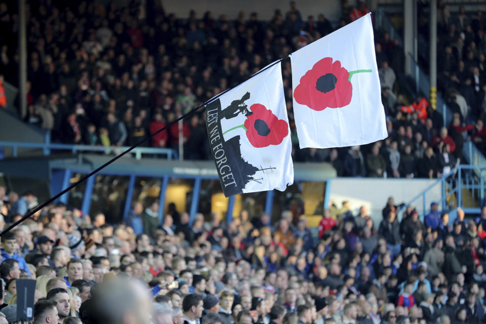 Lest we forget flags are displayed in the stands before the England - New Zealand International Rugby League match, at Elland Road in Leeds, England, Sunday Nov. 11, 2018. Today marks the Centennial of signing the Armistice that ended the First World War. (Richard Sellers/PA via AP)