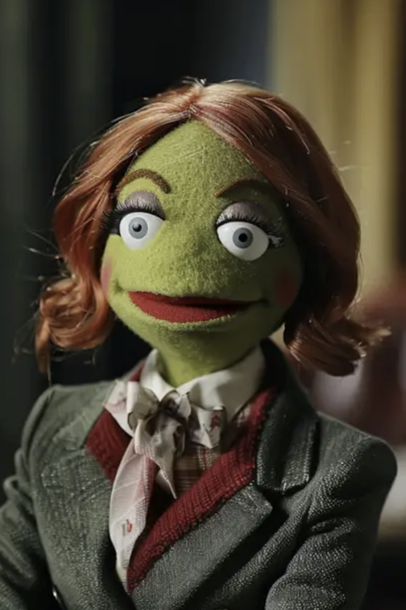 Muppet character, smartly dressed in a suit with a bow tie