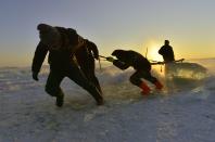 Workers pull a giant ice cube out of the frozen Songhua River as they extract ice to make sculptures for the upcoming 30th Harbin Ice and Snow Festival, in Harbin, Heilongjiang province December 27, 2013. Each ice cube weighs about 250 kilograms (551 lb). According to the festival organizers, nearly 10,000 workers were employed to build the ice and snow sculptures, which require about 180,000 square metres of ice and 150,000 square metres of snow. The festival kicks off on January 5, 2014. REUTERS/Sheng Li (CHINA - Tags: ENVIRONMENT SOCIETY BUSINESS EMPLOYMENT TRAVEL TPX IMAGES OF THE DAY) CHINA OUT. NO COMMERCIAL OR EDITORIAL SALES IN CHINA