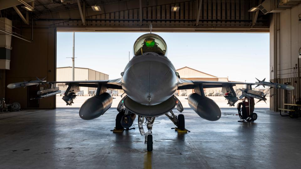 An F-16 Viper jet in a hanger at Holloman Air Force Base in Alamogordo, New Mexico.