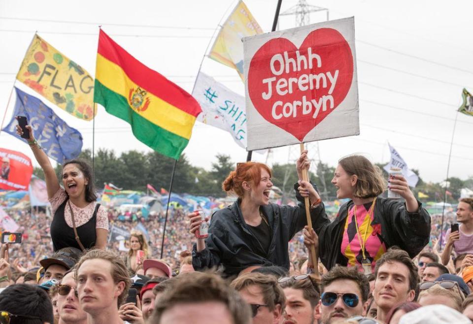 Fans cheer for Jeremy Corbyn as he speaks on the Pyramid Stage at Glastonbury (Getty/Matt Cardy)