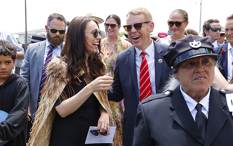 New Zealand Prime Minister Jacinda Ardern and incoming Prime Minister Chris Hipkins arrive during Rātana Celebrations on Jan. 24 in Whanganui, New Zealand. The 2023 Rātana Celebrations mark the last day as prime minister for Ardern following her resignation on Jan. 19. <em>Hagen Hopkins/Getty Images</em>