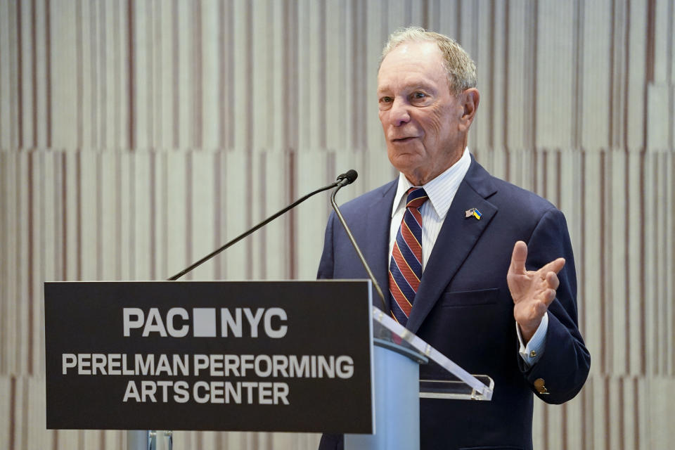 Former New York City mayor Michael Bloomberg speaks at the Perelman Performing Arts Center during a news conference to announce the center's inaugural season events calendar, Wednesday, June 14, 2023, in New York. (AP Photo/John Minchillo)