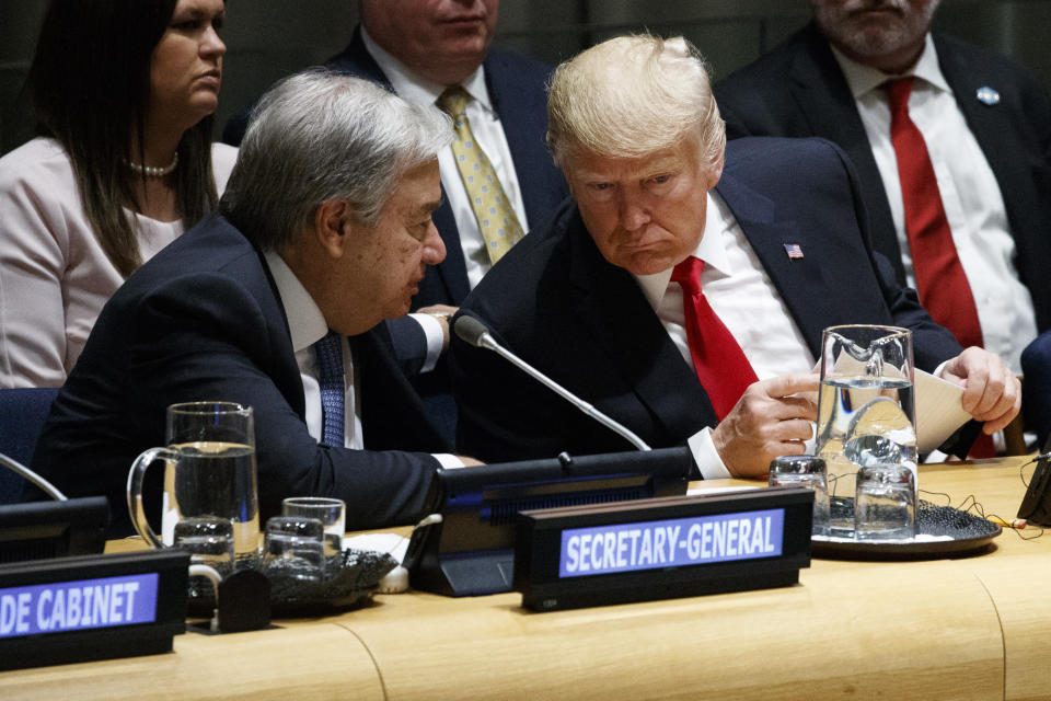 United Nations Secretary General Antonio Guterres, left, talks with President Donald Trump during the "Global Call to Action on the World Drug Problem" at the United Nations General Assembly, Monday, Sept. 24, 2018, at U.N. Headquarters. (AP Photo/Evan Vucci)