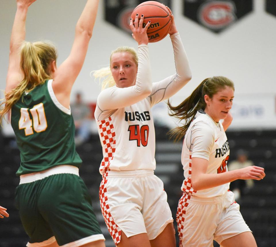 St. Cloud State senior Nikki Kilboten holds the ball Friday, Nov. 26, 2021, at Halenbeck Hall in St. Cloud.