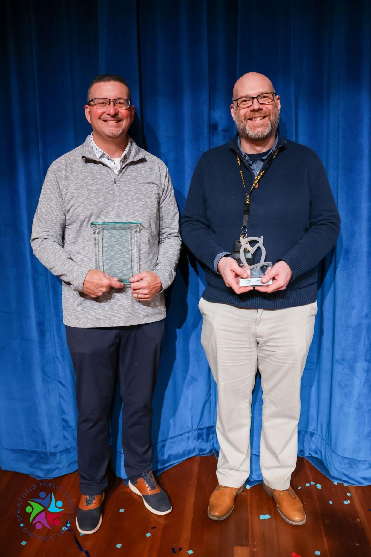 Jason Wind, the executive director of school support for School District 186, left, was named Horace Mann Administrator of Year, while Southeast High School science teacher Jason Potter was named Teacher of the Year on April 12, 2024.