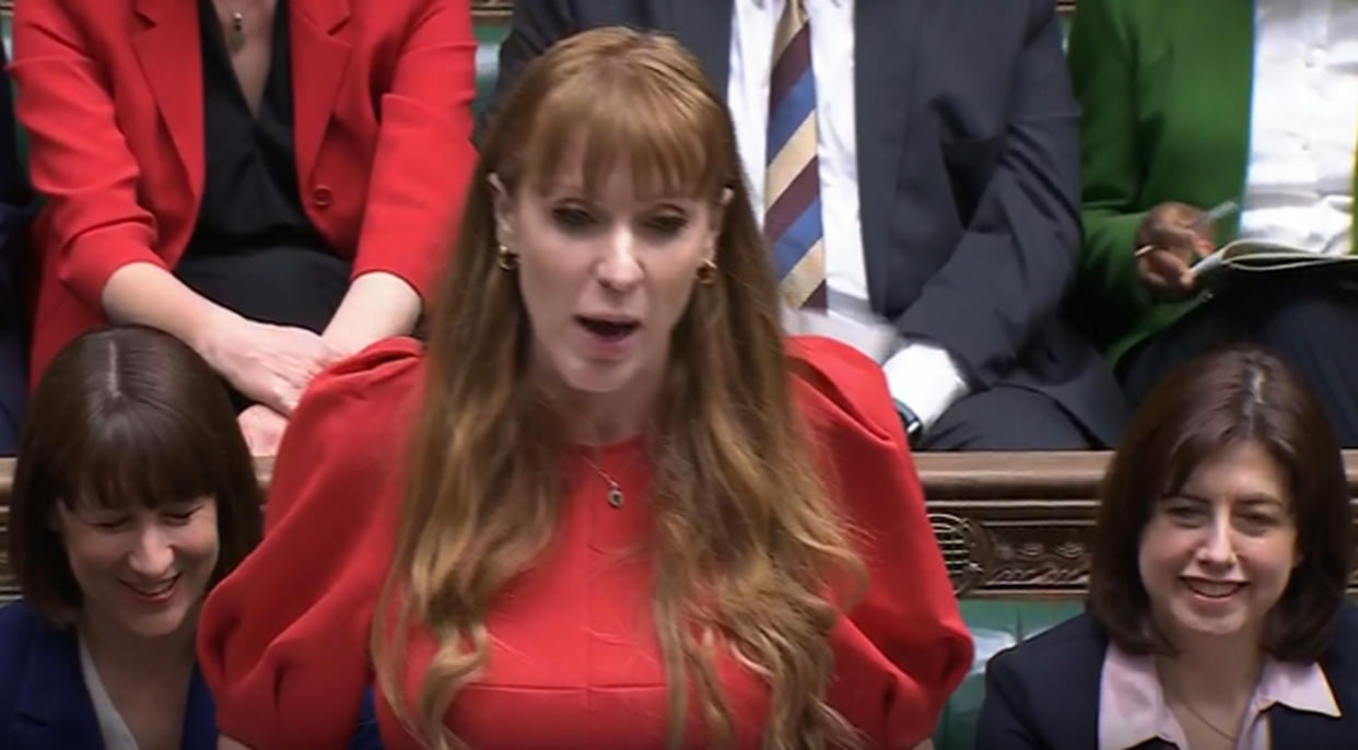Deputy leader Angela Rayner during Prime Minister's Questions in the House of Commons on 25 April. (PA)