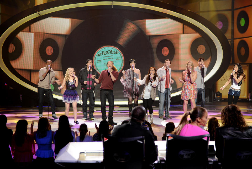 (L-R) The top 10 contestant Joshua Ledet, Hollie Cavanagh, Heejun Han, DeAndre Brackensick, Erika Van Pelt, Skylar Laine, Phillip Phillips, Elise Testone, Colton Dixon and Jessica Sanchez onstage at FOX's 'American Idol' Season 11 Top 10 To 9 Live Elimination Show on March 22, 2012 in Hollywood, California. (Photo by FOX via Getty Images)