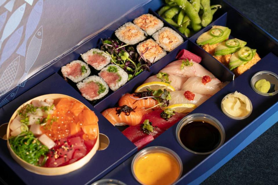 The Luxe Box, available only at the Bondi Sushi in Miami Beach, includes eight pieces of nigiri, eight pieces of maki, three pieces of crispy rice and Chirashi salad. Melissa Hom
