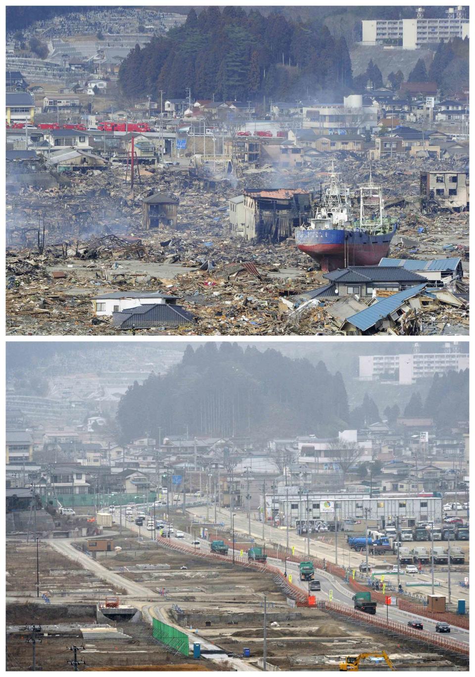 A combination photo shows a general view of an area in Kesennuma after it was devastated by a tsunami and after recovery efforts