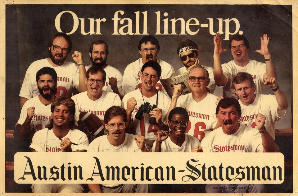 A 1986 American-Statesman ad promoting our fall sports staff lineup included Randy Riggs (top row, far left), John Maher standing next to him, Mark Rosner and George Breazeale on the far left of the middle row, and Kirk Bohls on the far right end of it.