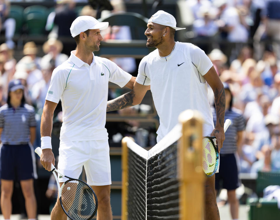 LONDON, ENGLAND - JULY 10: Novak Djokovic of Serbia  and Nick Kyrgios of Australia before the Mens Singles Final at The Wimbledon Lawn Tennis Championship at the All England Lawn and Tennis Club at Wimbledon on July 10, 2022 in London, England. (Photo by Simon Bruty/Anychance/Getty Images)