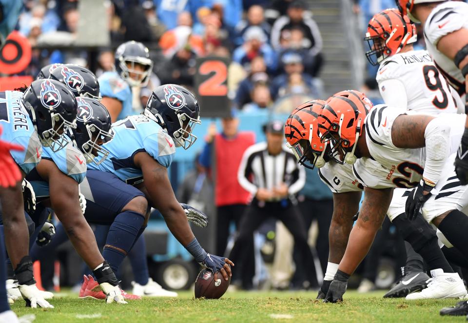 Nov 27, 2022; Nashville, Tennessee, USA; Cincinnati Bengals defenders line up against the Tennessee Titans during the second half at Nissan Stadium.