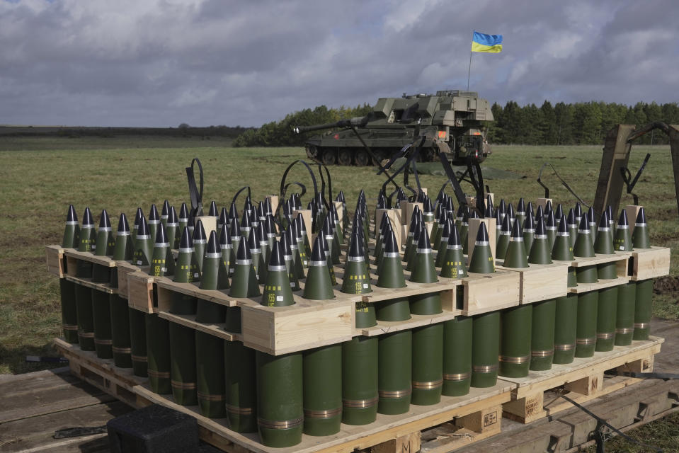 FILE - Ammunition are placed as Ukrainian soldiers take part in a military exercise at a military training camp in an undisclosed location in England, on March 24, 2023. When Russia invaded Ukraine in February 2022, Ukraine’s military was largely reliant on Soviet-era weaponry. While that arsenal helped Ukraine fend off an assault on the capital of Kyiv and prevent a total rout in the early weeks of the war, billions of dollars in military assistance has since poured into the country, including more modern Western-made weapons. (AP Photo/Kin Cheung, File)