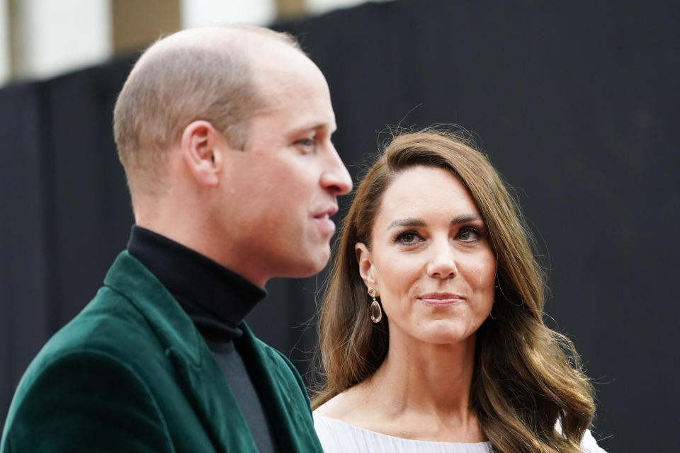 Britain's Prince William and Kate, Duchess of Cambridge attend the first ever Earthshot Prize Awards Ceremony at Alexandra Palace in London on Sunday Oct. 17, 2021. Created by Prince William and The Royal Foundation, The Earthshot Prize has led an unprecedented global search for the most inspiring and innovative solutions to the greatest environmental challenges facing the planet. (AP Photo/Alberto Pezzali, pool)