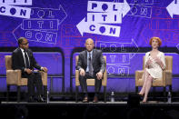Jonathan Capehart, from left, Kathy Griffin and Michael Avenatti participate in the "How To Beat Trump: Kathy Griffin Interviews Michael Avenatti" panel at Politicon at the Los Angeles Convention Center on Saturday, Oct. 20, 2018, in Los Angeles. (Photo by Willy Sanjuan/Invision/AP)