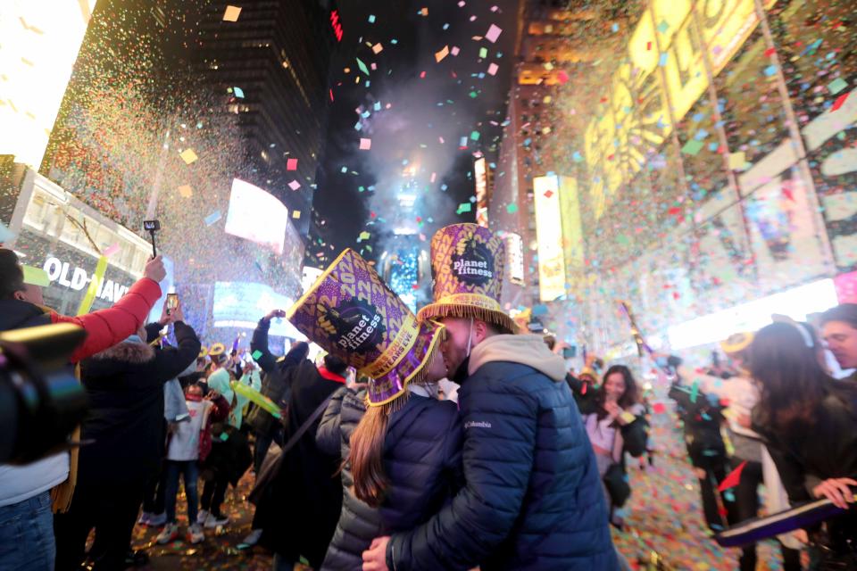 January 1, 2022: Juan Villa and Daniella Elizondo of North Carolina share their first kiss of the New Year seconds after the ball dropped in Times Square in Manhattan ushering in 2021.