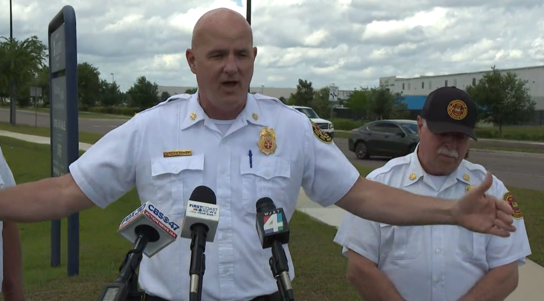 Jacksonville Fire and Rescue Chief Keith Powers describes how large the lithium-ion batteries are that were involved in Tuesday's fire at the Saft plant at Cecil Commerce Center.