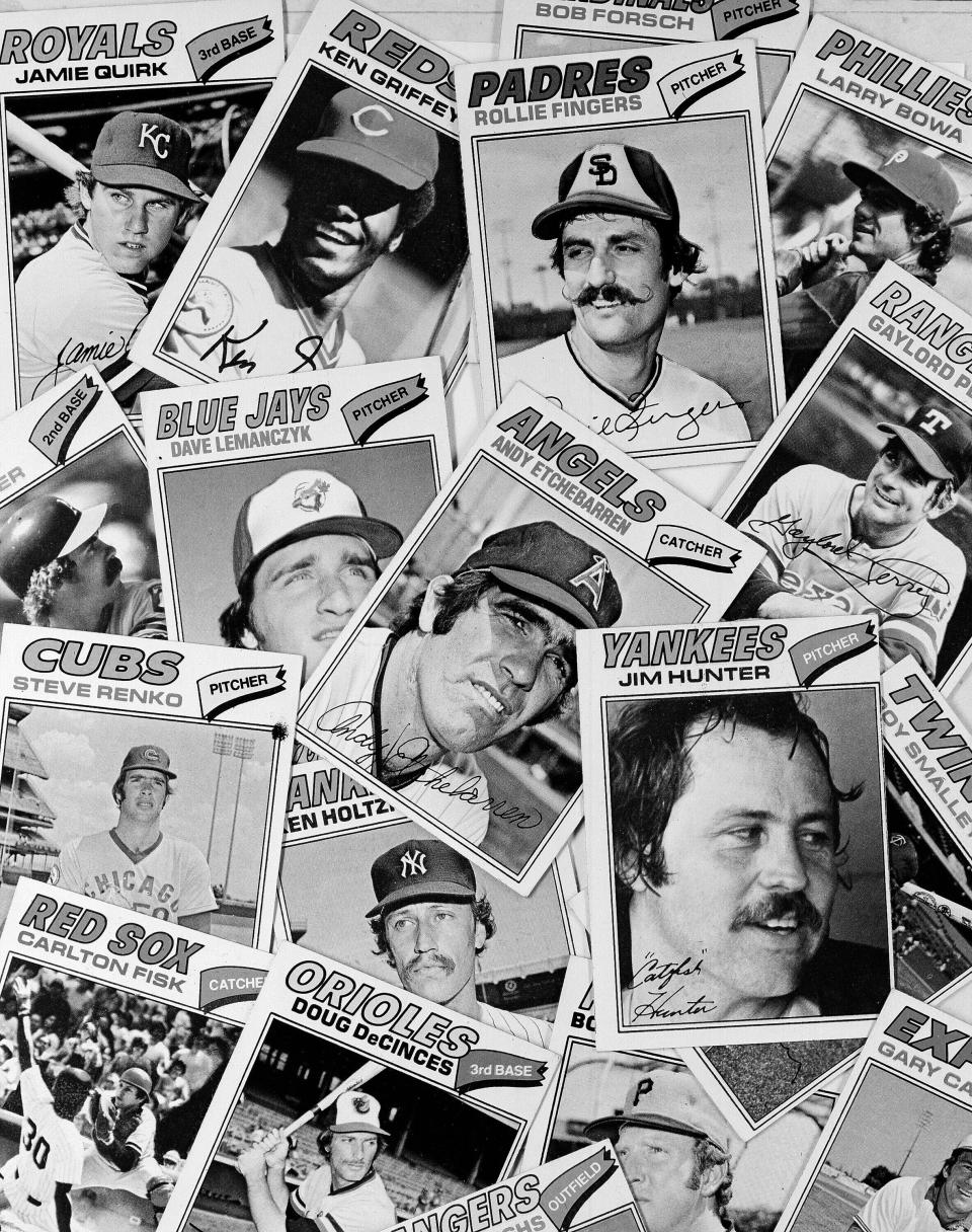 FILE - This April 6, 1977, file photo shows a collection of baseball cards. (AP Photo/File)