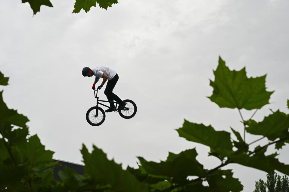 Marin Rantes of Croatia competes in the BMX men freestyle park finals at the 2024 Olympic Qualifier Series held in Budapest, Hungary, Saturday, June 22, 2024. (AP Photo/Denes Erdos)