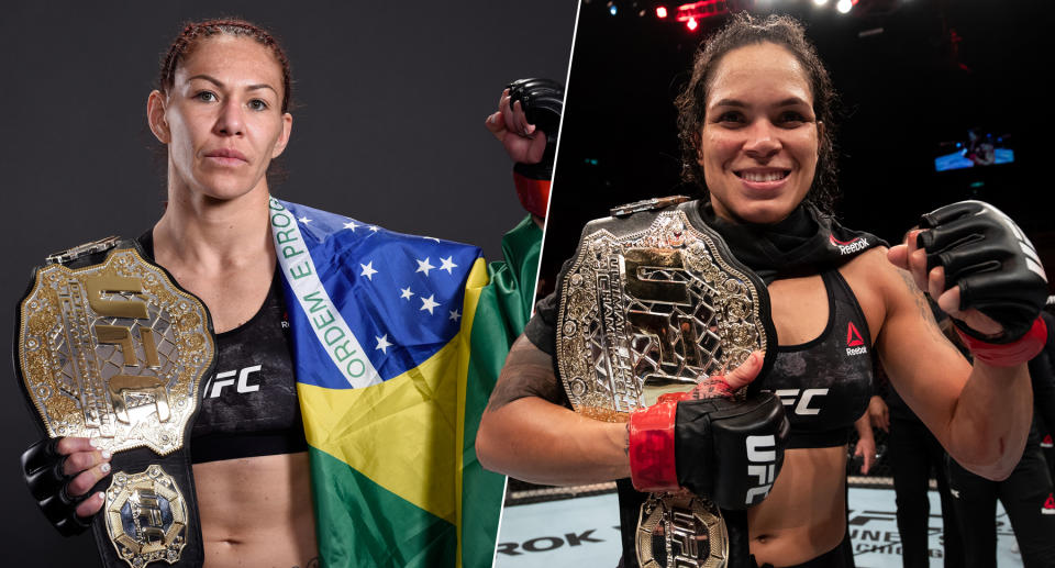 Cris Cyborg (L) will defend her featherweight title against bantamweight champ Amanda Nunes at UFC 232 in Los Angeles on Saturday. (Getty Images)