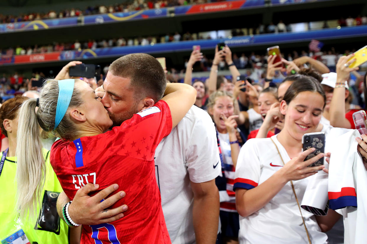 LYON, FRANCE - JULY 02: Julie Ertz kisses her husband Zach Ertz after the 2019 FIFA Women's World Cup France Semi Final match between England and USA at Stade de Lyon on July 02, 2019 in Lyon, France. (Photo by Maddie Meyer - FIFA/FIFA via Getty Images)
