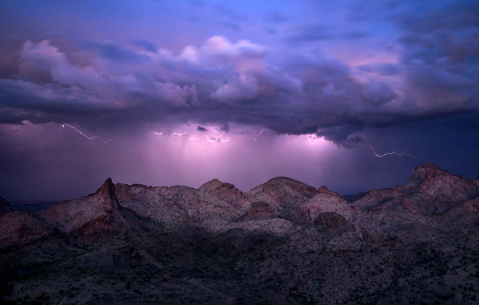 Lightning is seen over the Eagletail Mountains in the Eagletail Mountains Wilderness outside of Tonopah, AZ.