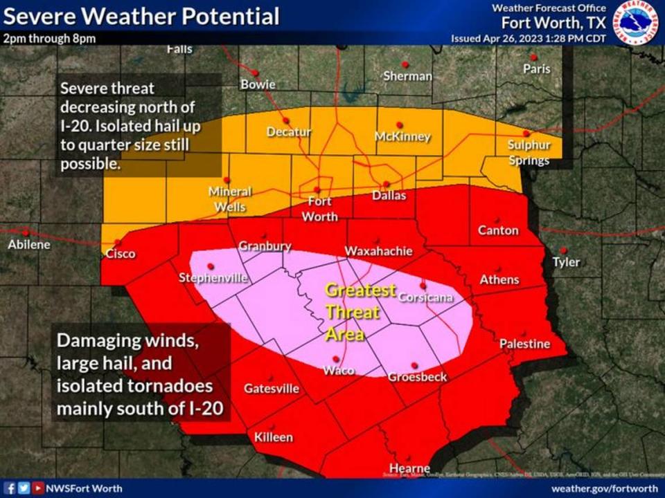 The potential for large hail, damaging winds and tornadoes will maximize south of I-20 this afternoon and evening. Persistent rain, cloud cover, and cooler temperatures has decreased the severe potential along and north of the I-20 corridor; however, isolated hail up to the size of quarters will still be possible through the evening.