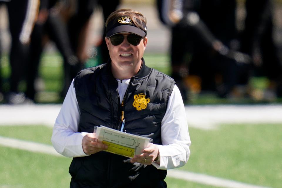 Missouri head coach Eliah Drinkwitz watches his team during an NCAA college football intra-squad spring game Saturday, March 19, 2022, in Columbia, Mo.