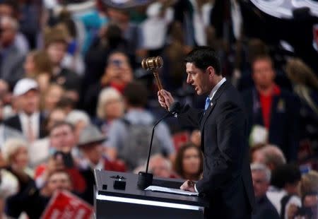 U.S. Speaker of the House Paul Ryan slams down the gavel as he declares that Donald Trump has won the Republican presidential nomination after announcing the results of a roll call vote at the Republican National Convention in Cleveland, Ohio, U.S. July 19, 2016. REUTERS/Carlo Allegri