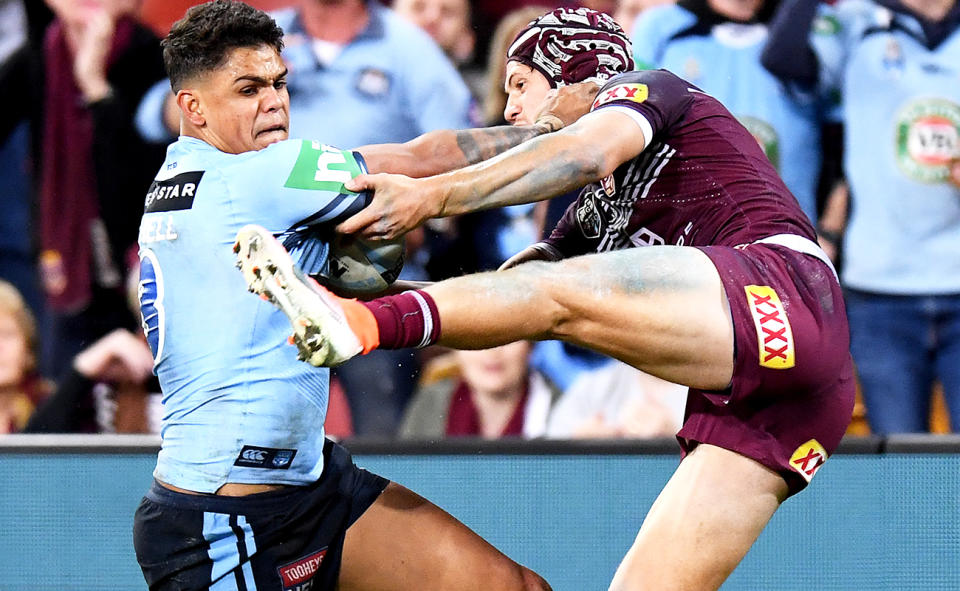 Latrell Mitchell, pictured here in action for NSW in State of Origin in 2019.