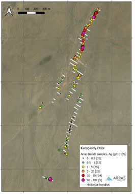 Location of the Soviet-era trenches re-sampled by Arras at the Karagandy-Ozek project, Elemes license, showing silver assays (g/t) for the grab samples.